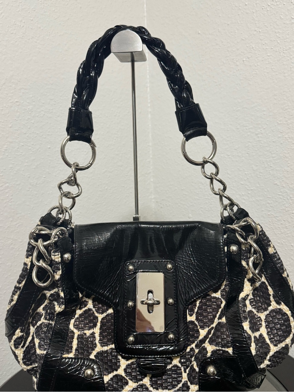 Stuart Weitzman Black and Ivory Animal-Print Shoulder Bag with Silver Hardware